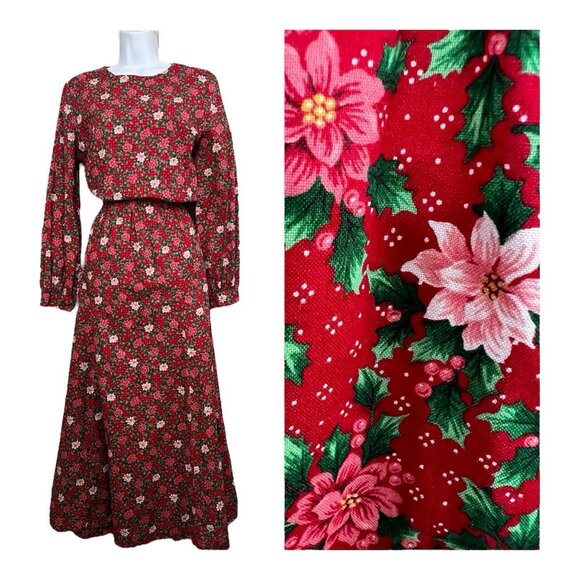 Vtg Handmade Red Christmas Maxi Dress Sz L Poinsettia Floral Prairie Cottagecore - Picture 1 of 8